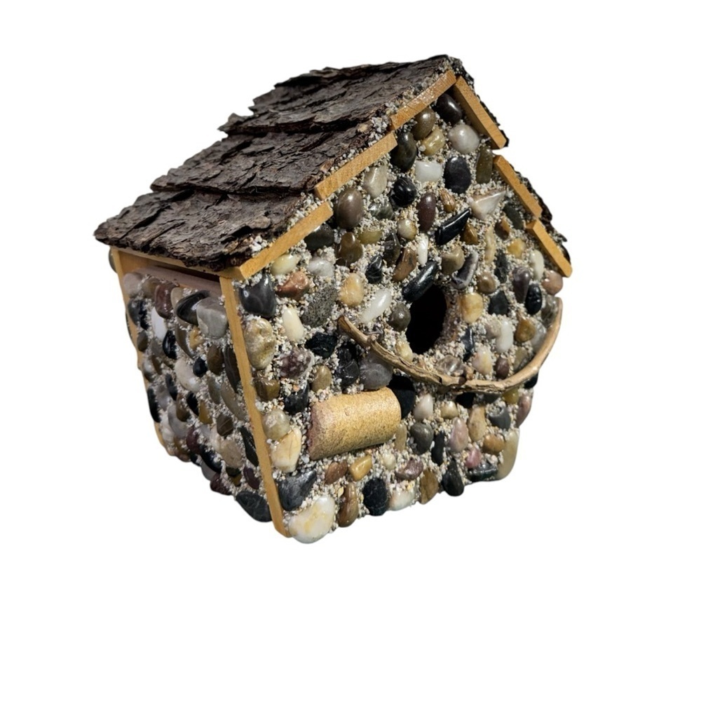 Decorative Rustic Stone Pebble Covered Cottage Birdhouse
